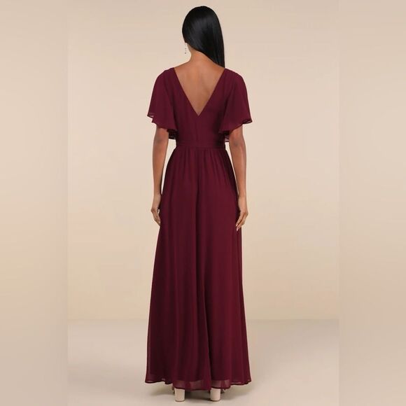 Lulus Convincing Grace Burgundy Flutter Sleeve Wrap Maxi Dress Size Large NEW - Picture 8 of 12